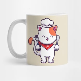 Cute Cat Chef Holding Fork And Spoon Mug